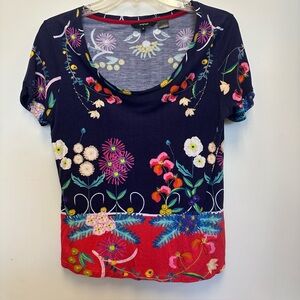 Desigual Blue and Red Graphic Short Sleeve Blouse